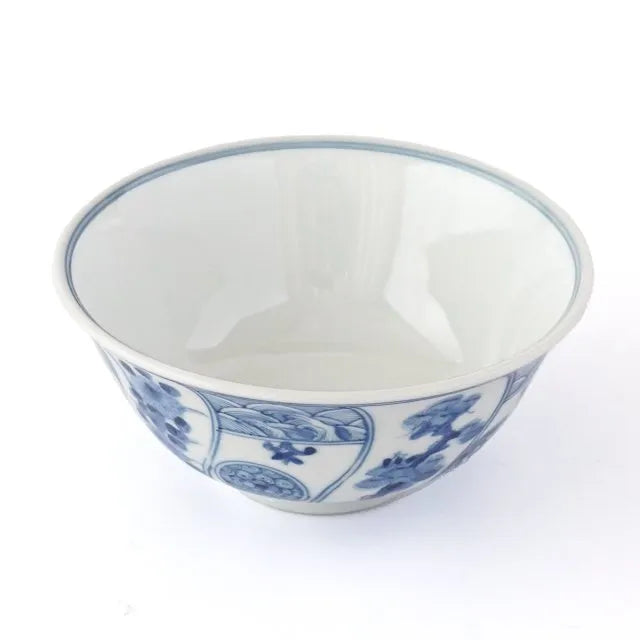 [IMPERIAL HOUSEHOLD PURVEYOR KILN] KUTANI WARE RICE BOWL (SMALL) – BLUE & WHITE AUSPICIOUS TREE AND FLOWER PATTERN BY CHOZA YAMAMOTO