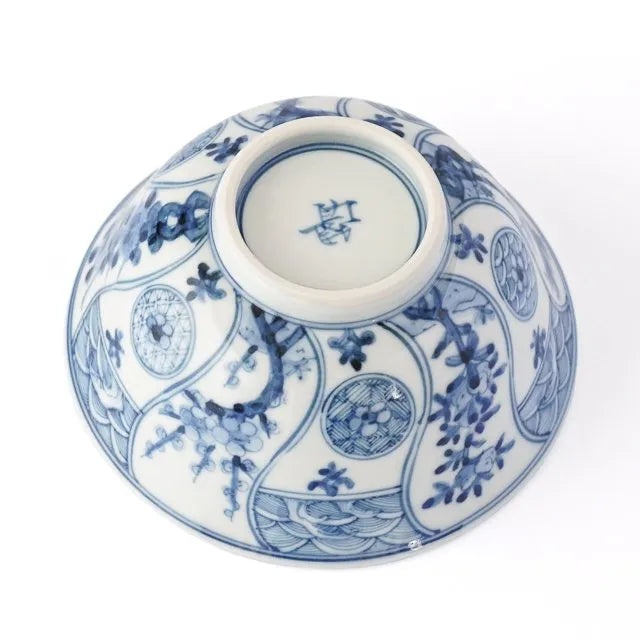 [IMPERIAL HOUSEHOLD PURVEYOR KILN] KUTANI WARE RICE BOWL (SMALL) – BLUE & WHITE AUSPICIOUS TREE AND FLOWER PATTERN BY CHOZA YAMAMOTO