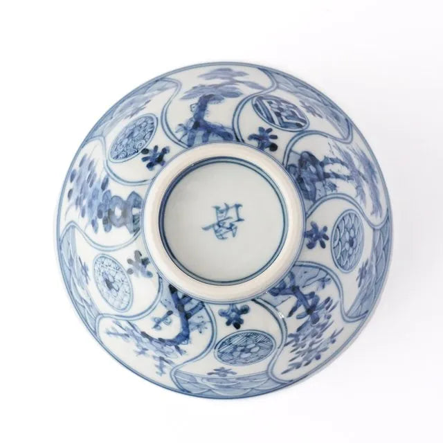 [IMPERIAL HOUSEHOLD PURVEYOR KILN] KUTANI WARE RICE BOWL (SMALL) – BLUE & WHITE AUSPICIOUS TREE AND FLOWER PATTERN BY CHOZA YAMAMOTO