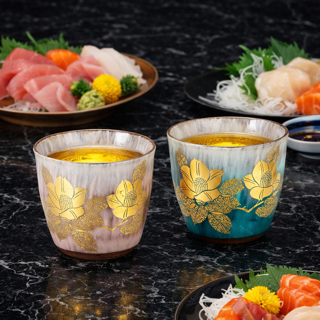 KUTANI WARE PAIR OF SHOCHU CUPS PURE GOLD CAMELLIA
