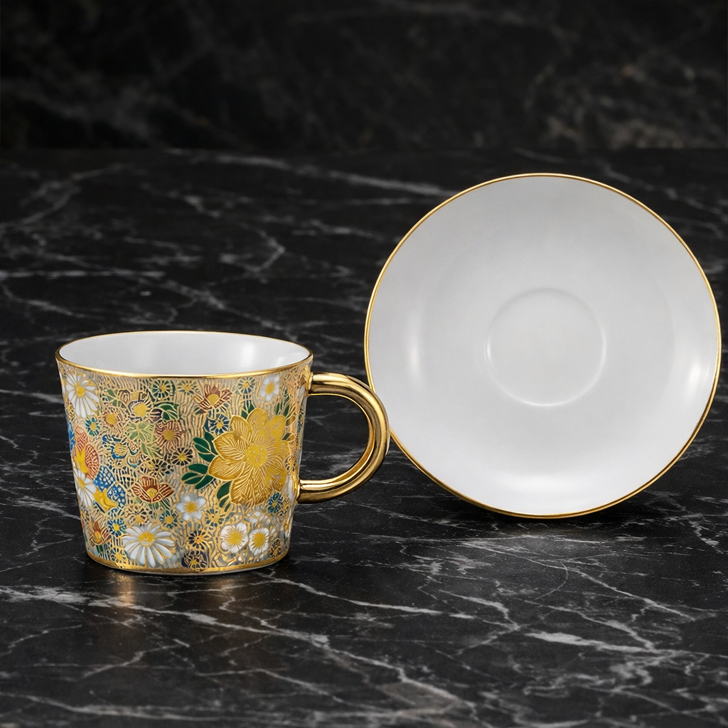 KUTANI WARE CUP & SAUCER – GENUINE GOLD HANA-ZUME (GIFT BOX)