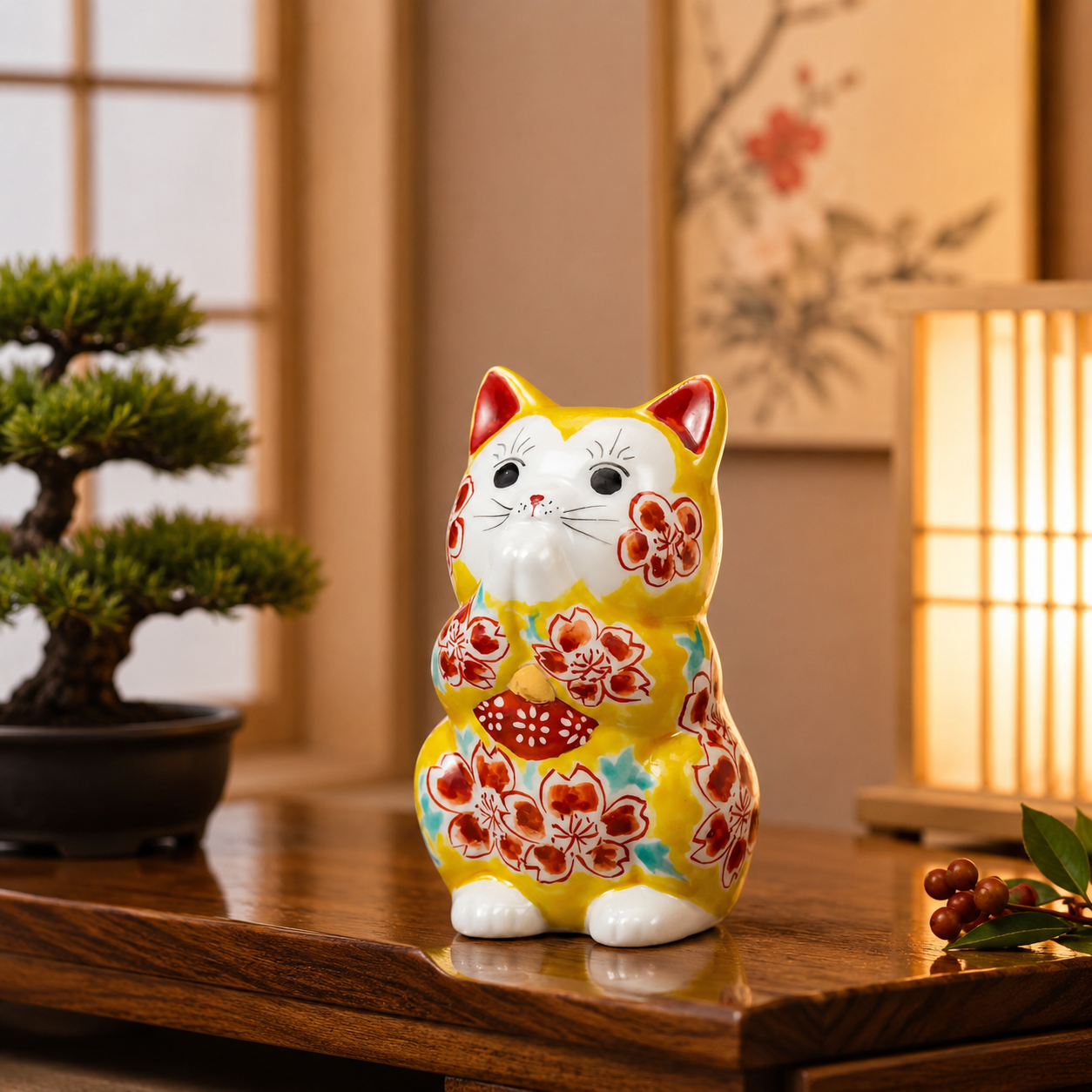 KUTANI WARE LUCKY CAT(PRAYING CAT) YELLOW GLAZE SAKURA