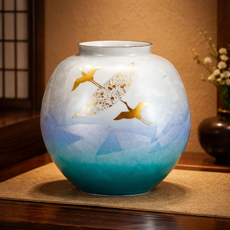 KUTANI WARE VASE – SILVER AND GOLD CRANE DESIGN (WOODEN BOX INCLUDED)