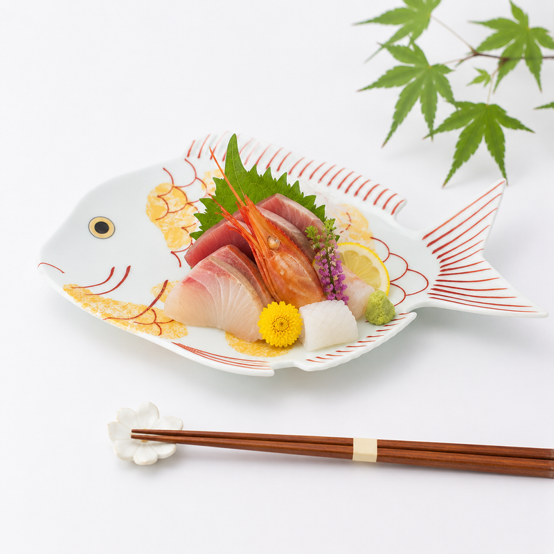 JAPANESE ARITA WARE"TAI-SHAPED LARGE SERVING PLATE" NISHIKI GOLD TATAKI FINISH / KOURAKU KILN
