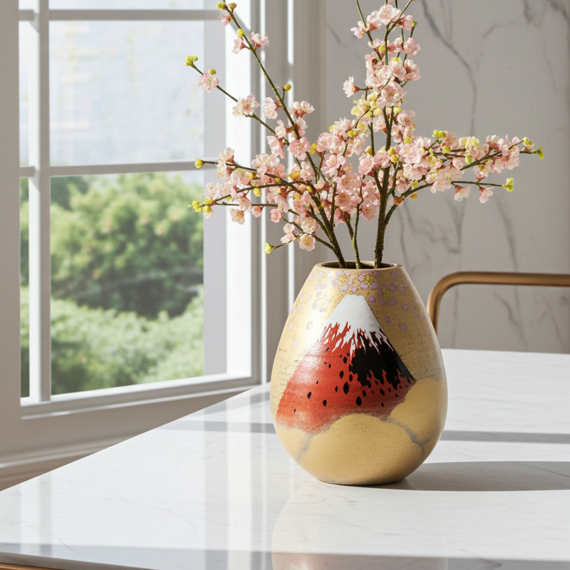 KUTANI WARE VASE – “GOLDEN CLOUDS AND CHERRY BLOSSOMS WITH MT. FUJI” BY YOSHINORI FUKUDA