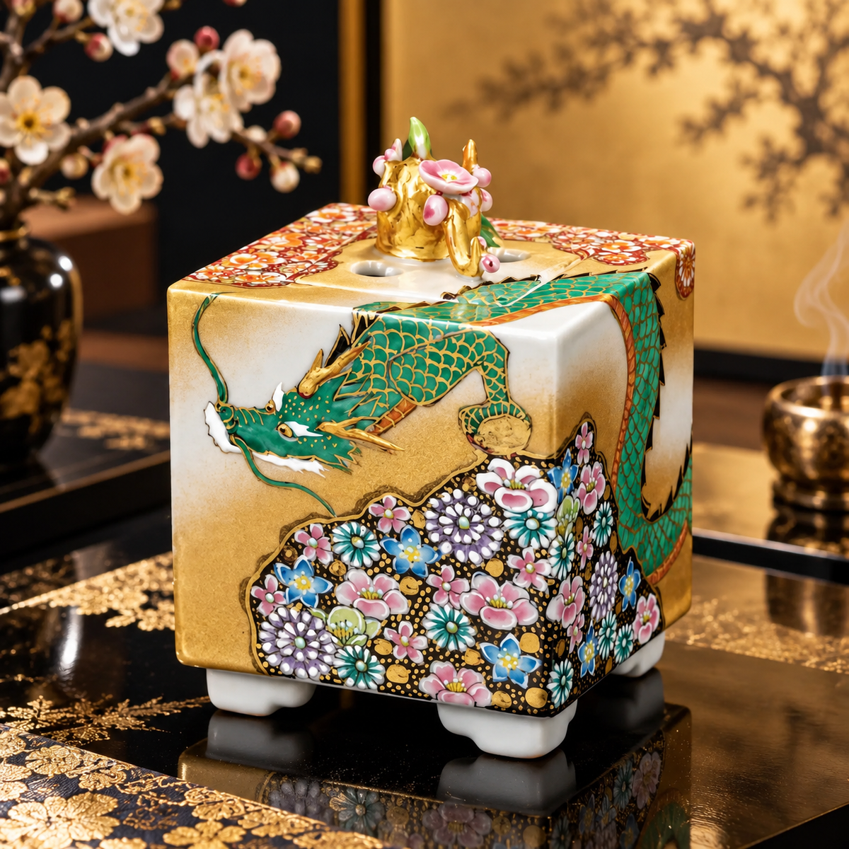 KUTANI WARE INCENSE BURNER HANA-ZUME DRAGON  / TAKA TOSHIFUMI