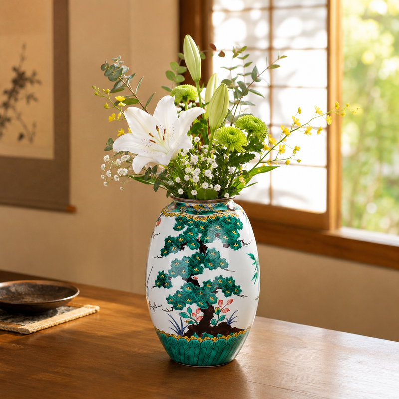 KUTANI WARE JAPANESE DECORATIVE VASE "SHOCHIKUBAI (PINE, BAMBOO AND PLUM)" / TAMEKICHI MITSUI