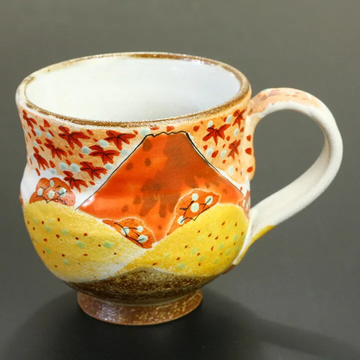 KUTANI WARE PAIR OF MUGS – HANDCRAFTED JAPANESE PORCELAIN ‘SPRING FUJI & AUTUMN FUJI’ BY YOSHINORI FUKUDA