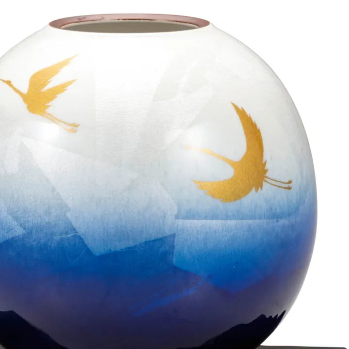 KUTANI JAPANESE FLOWER VASE SILVER GLAZE TWIN CRANES (WITH STAND)