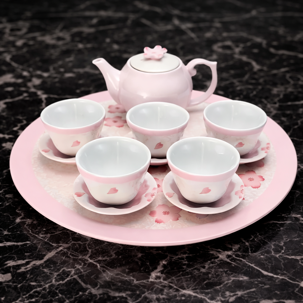 TASEI KLIN ARITA WARE PALE PINK GLAZE IRIDESCENT SAKURA TEA SET (WITH PLATE)