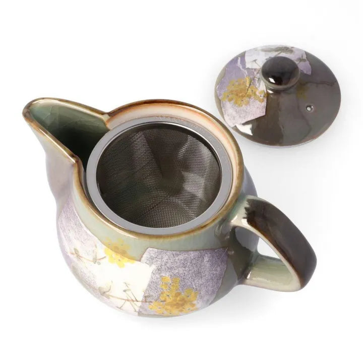 KUTANI WARE TEA POT SILVER LUSTER PURPLE – RAPESEED FLOWERS / BIZAN KILN