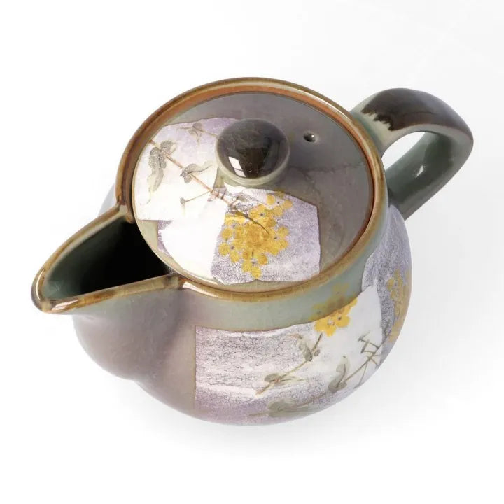 KUTANI WARE TEAPOT – SILVER-GLAZED BLUE LILY / BIZAN KILN