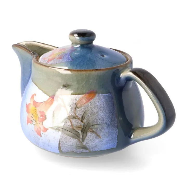 KUTANI WARE TEAPOT – SILVER-GLAZED BLUE LILY / BIZAN KILN