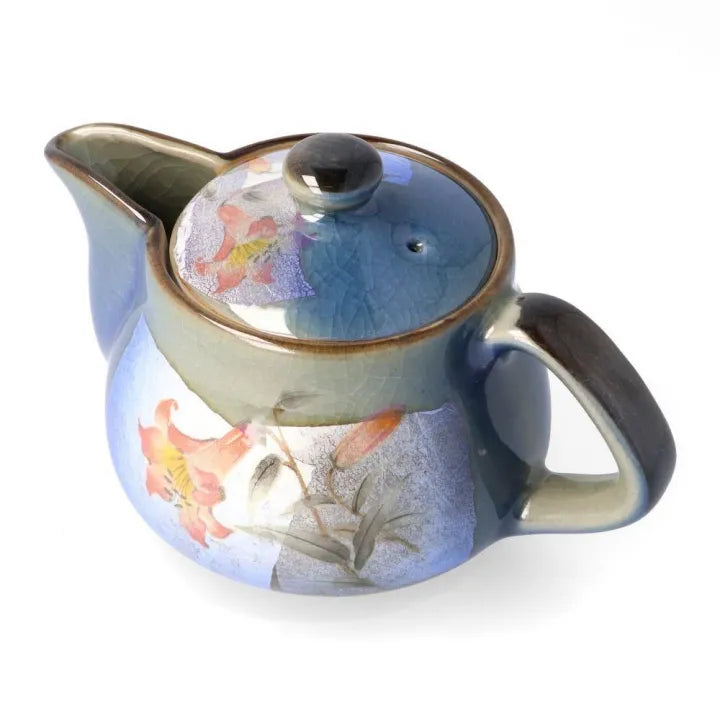 KUTANI WARE TEAPOT – SILVER-GLAZED BLUE LILY / BIZAN KILN