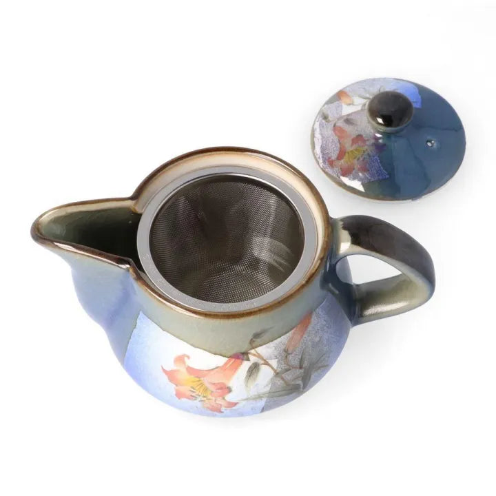 KUTANI WARE TEAPOT – SILVER-GLAZED BLUE LILY / BIZAN KILN