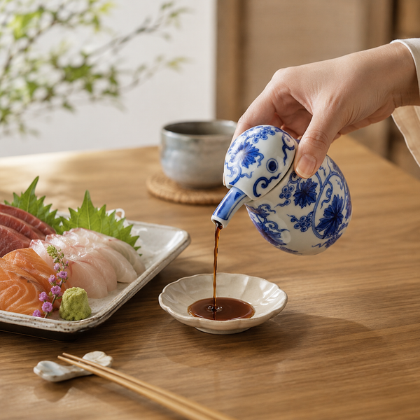 ARITA PORCELAIN SOY SAUCE DISPENSER – SOMETSUKE ARABESQUE, KINGFISHER SHAPE | KOURAKU KILN