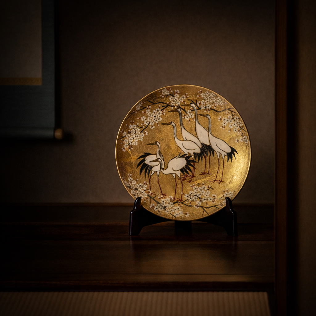 KUTANI DECORATIVE PLATE – KINPAKU GOLD-LEAF CRANES WITH STAND BY TAKASHI KITAMURA
