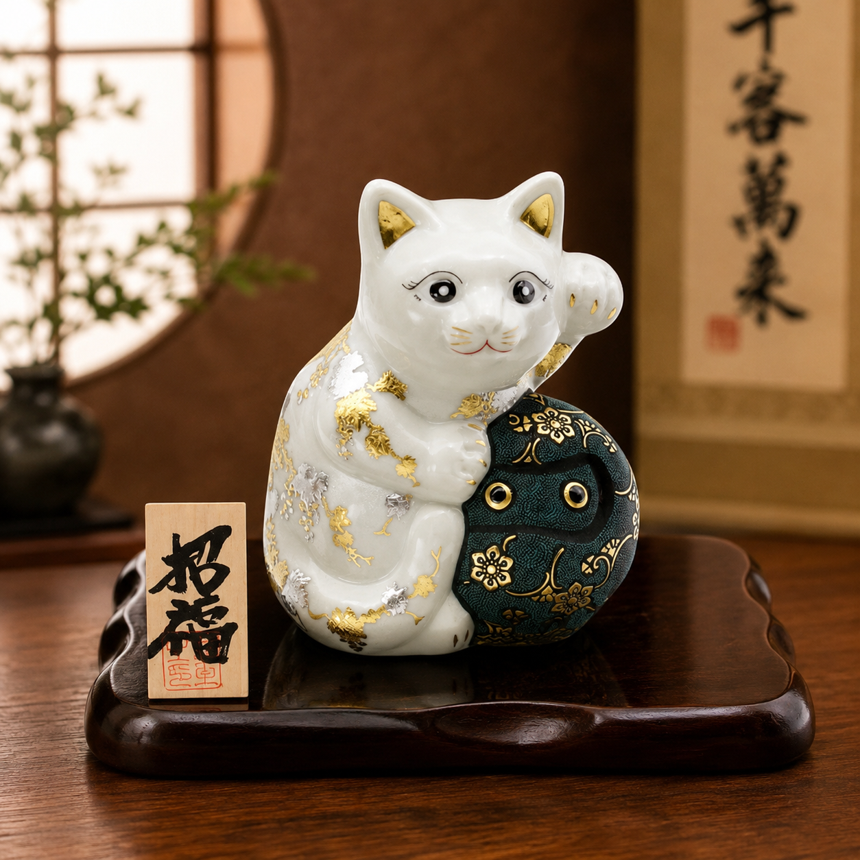 KUTANI DARUMA BECKONING CAT SWIRL PATTERN WITH BLUE BEAD EMBELLISHMENT AND GILDED TREASURES ARABESQUE, WHITE AND PLATINUM GRAPE MOTIF WITH WHITE BEAD EMBELLISHMENT/KINGYOKU NAKADA