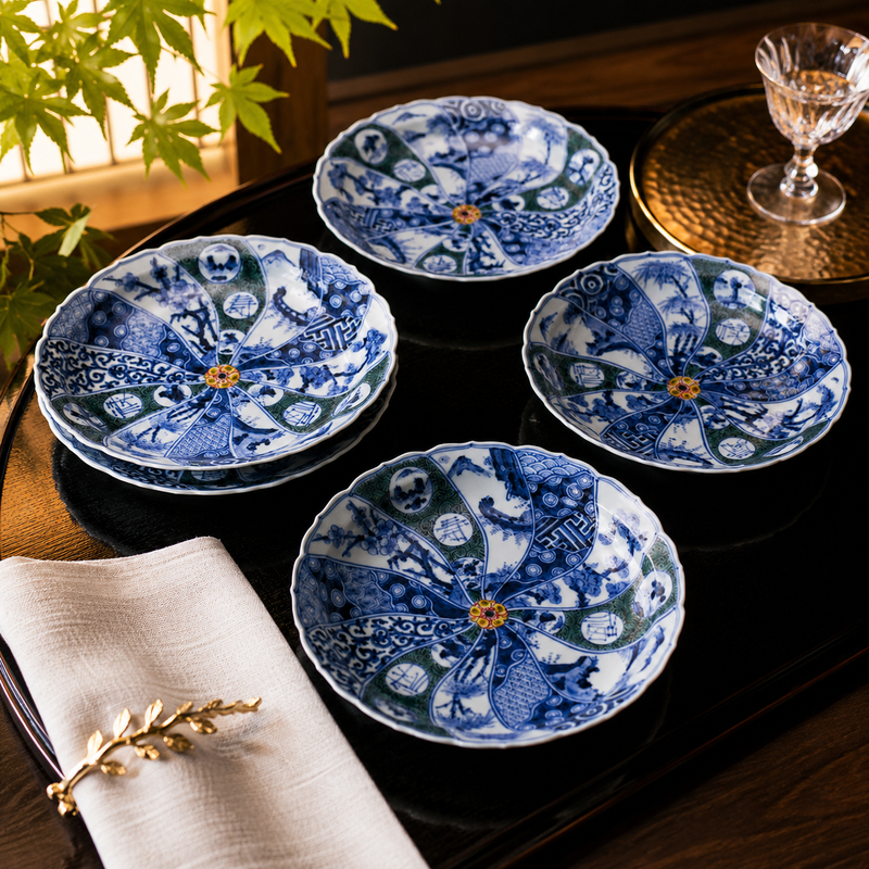 (IMPERIAL HOUSEHOLD KILN) KUTANI WARE PLATE SET “IROE SHONZUI” / CHOZA YAMAMOTO