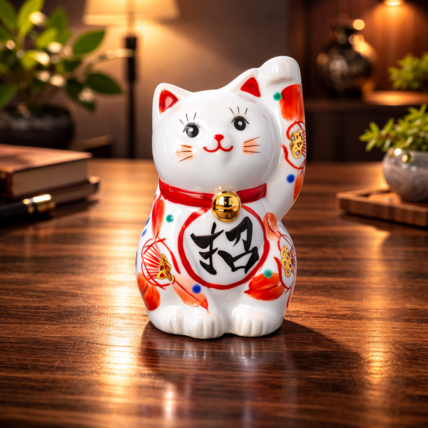KUTANI WARE LUCKY CAT(MANEKI NEKO) AKAE TSUBAKI( LEFT HAND)/KOKUZOU KLIN