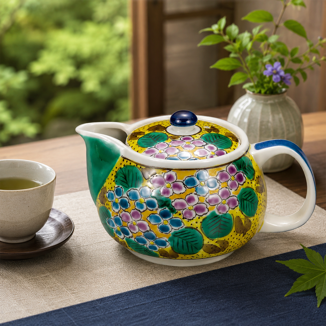 KUTANI JAPANESE TEA POT (YOSHIDAYA STYLE) HYDRANGEA DESIGN