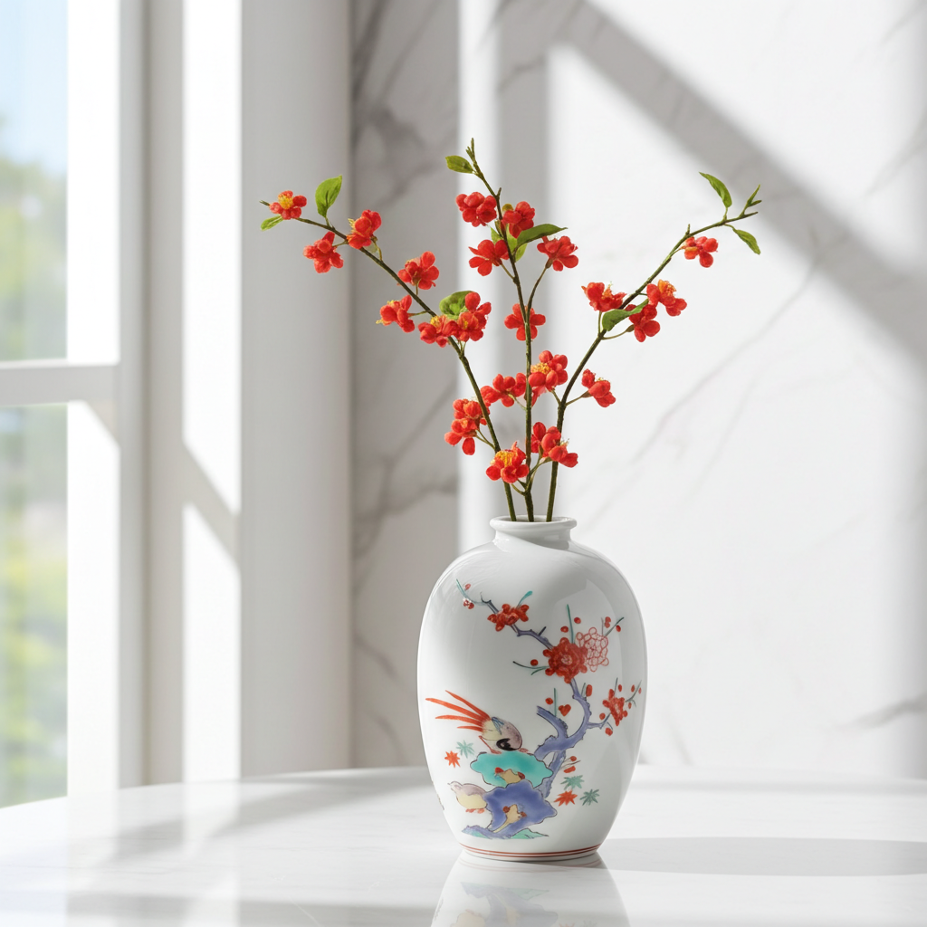 ARITA WARE NATSUME-SHAPED SINGLE FLOWER VASE – PLUM AND BIRD DESIGN
