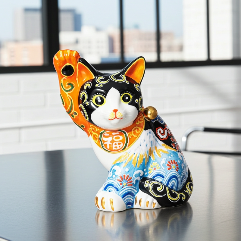 JAPANESE KUTANI PORCELAIN MANEKI NEKO – SHIRO FUJI KIKUSUI PATTERN