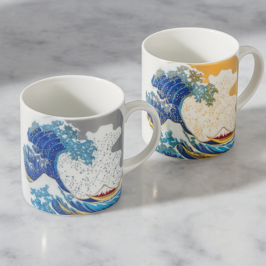 JAPAN KUTANI PAIR OF MUGS HOKUSAI WAVE