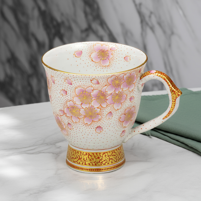 KUTANI WARE MUG – HANDCRAFTED JAPANESE PORCELAIN WITH KINRANDE & SAKURA DESIGN BY YOSHINORI FUKUDA