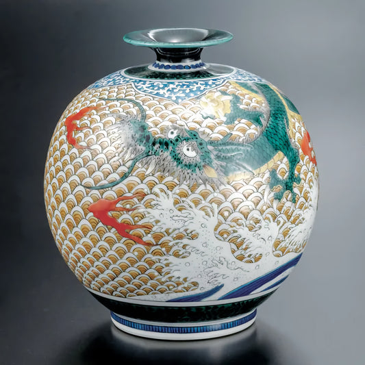 KUTANI WARE VASE “AOTE RYŪJIN” (BLUE-GLAZED DRAGON GOD) HAND-PAINTED BY YOSHINORI FUKUDA | WITH PAULOWNIA WOOD BOX (WITH RIBBON THREADING)