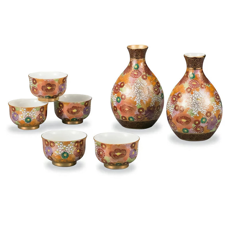 KUTANI WARE EVENING SAKE SET - GOLD HANAZUME GOLD FLORAL DESIGN,