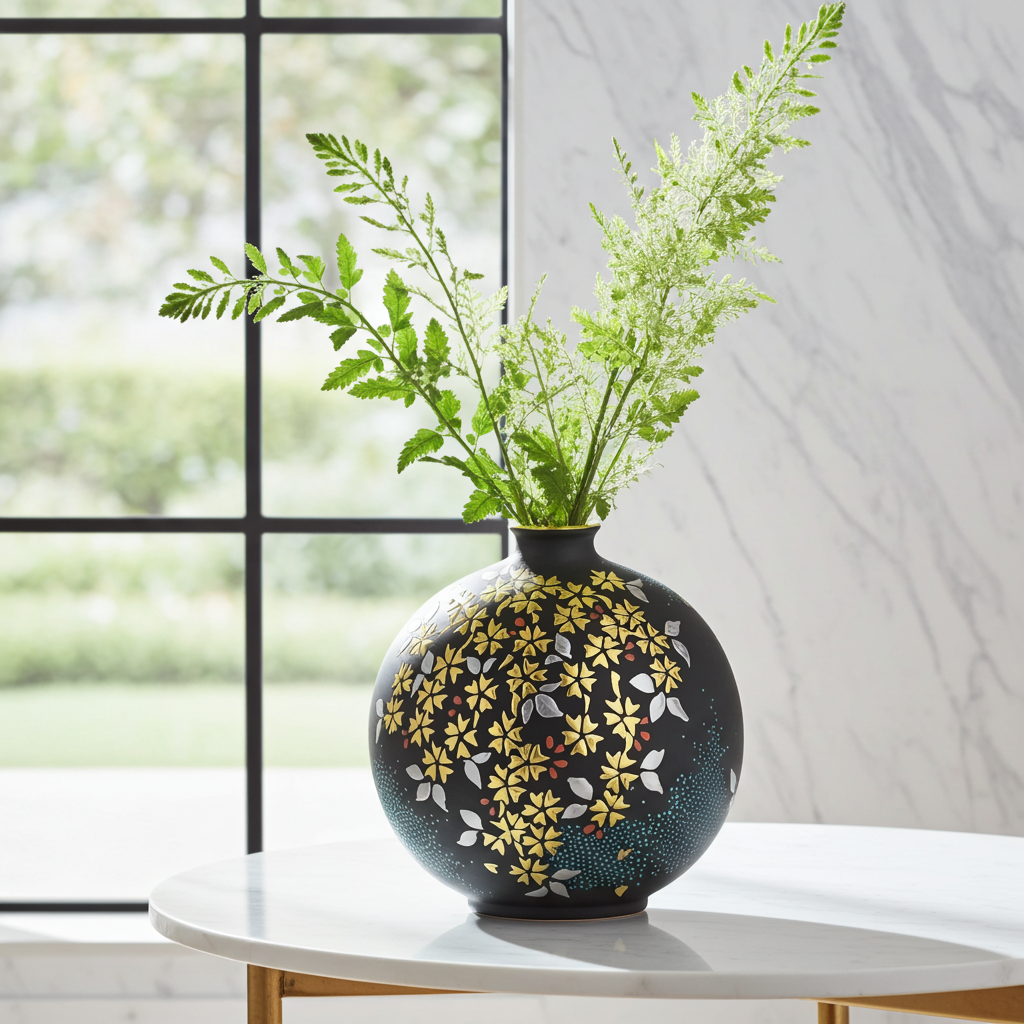 KUTANI WARE FLOWER VASE – SHIROKIN-MORI WEEPING CHERRY BLOSSOMS WITH AO-CHIBU BY KINGYOKU NAKATA