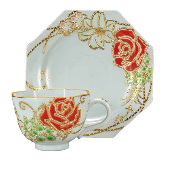 JAPANESE KUTANI CUP & SAUCER – HAND-PAINTED ROSE MOTIF
