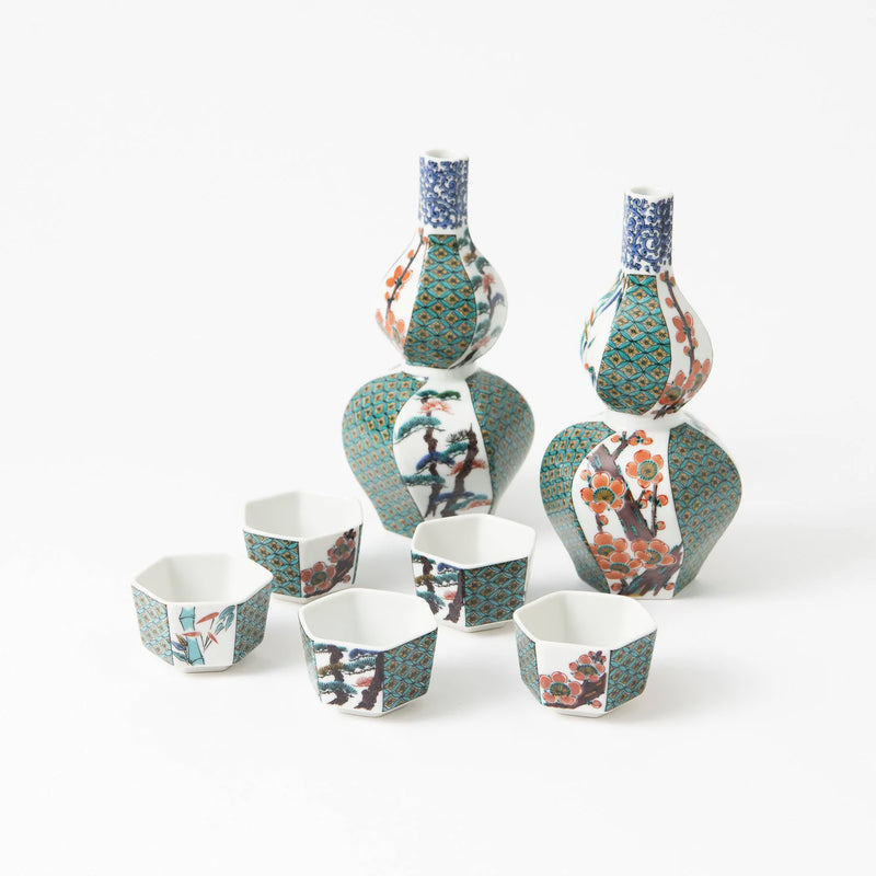 JAPANESE KUTANI SAKE SET KO-KUTANI PINE, BAMBOO & PLUM