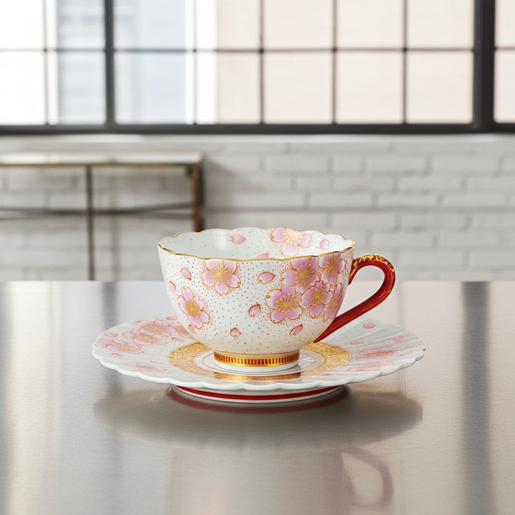 KUTANI CUP & SAUCER - KINRAN SAKURA HAND-PAINTED BY YOSHINORI FUKUDA