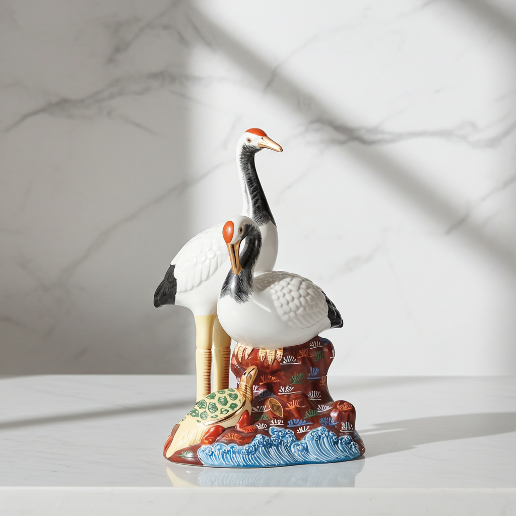 KUTANI CRANE AND TURTLE ORNAMENT – MORIE RAISED-PAINTING DESIGN