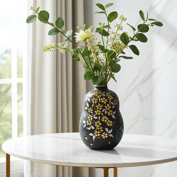 KUTANI WARE FLOWER VASE – SHIROKIN-MORI WEEPING CHERRY BLOSSOMS WITH AO-CHIBU BY KINGYOKU NAKATA