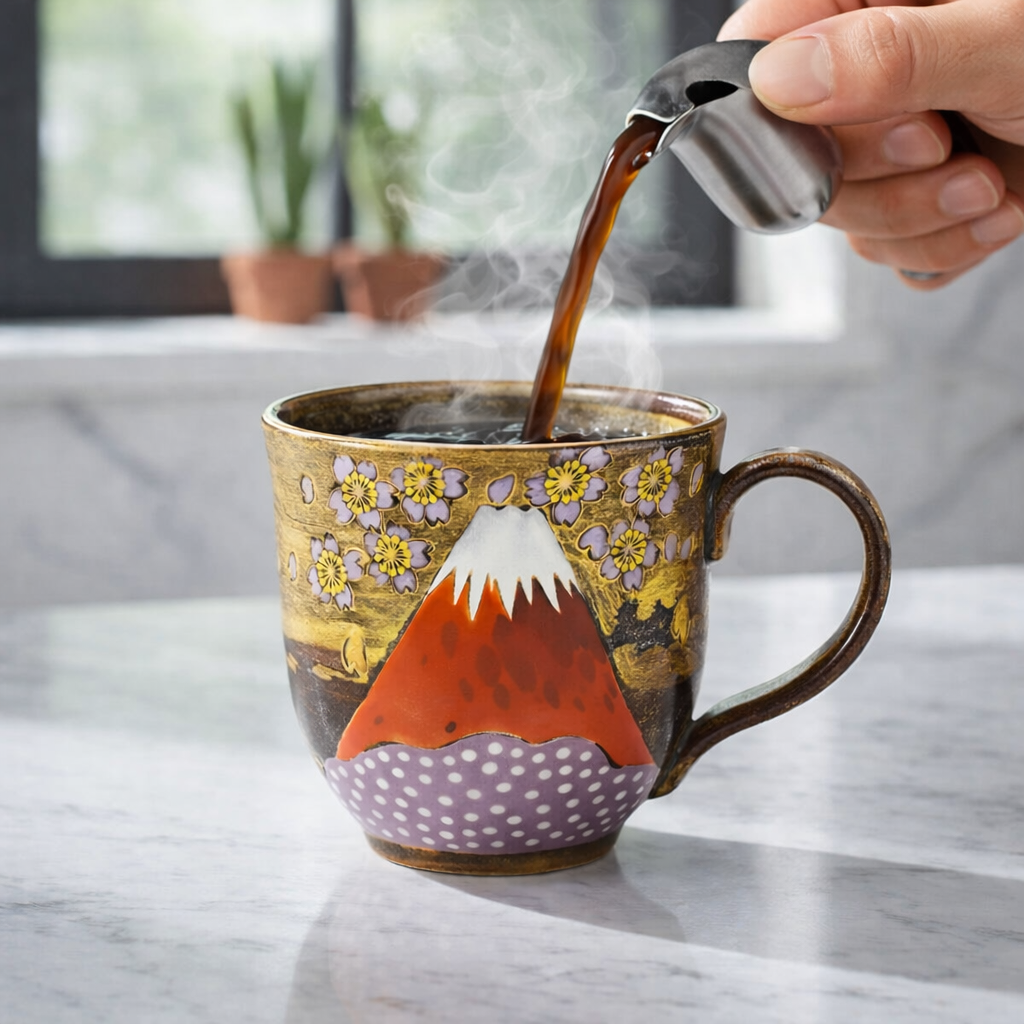 Person pouring coffee into a decorative mug with a mountain design.