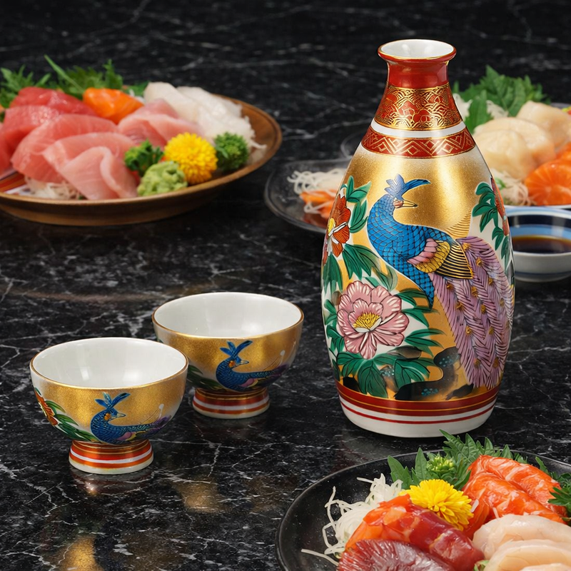 KUTANI WARE PEONY & PEACOCK SAKE SET 