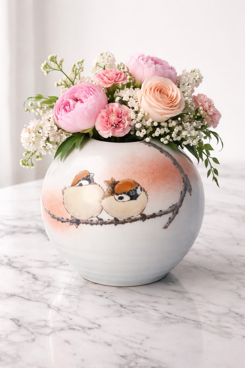 KUTANI WARE ROUND BUD VASE “TWO SPARROWS” BY TOSHITO NAKAMURA (IN PRESENTATION BOX)