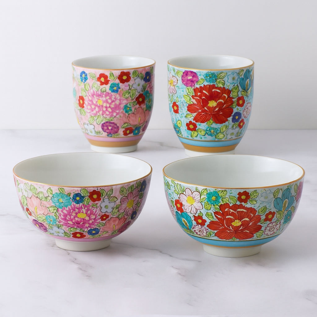 KUTANI WARE SAKE CUP & TEA CUP SET – HON-KIN HANA-ZUME DESIGN BY TAISHI KILN