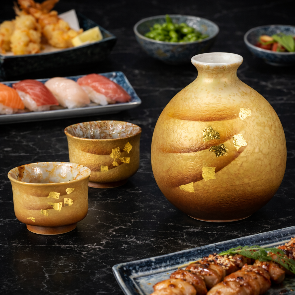 KUTANI WARE SAKE SET – GOLD LEAF DESIGN 