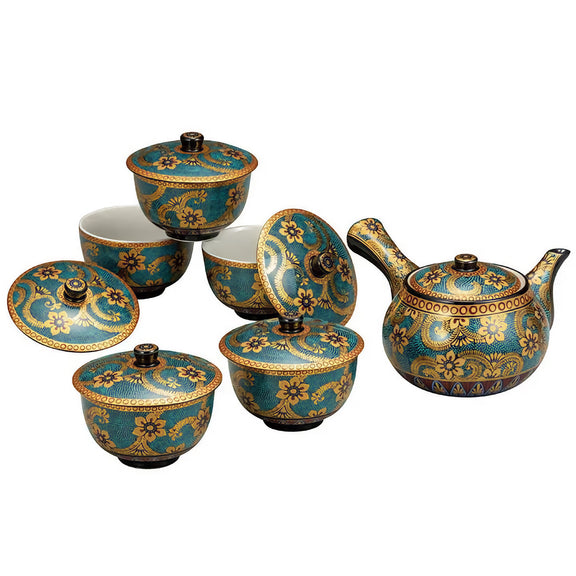 KUTANI WARE TEA SET WITH LID AOCHIBU KIN KARAKUSA
