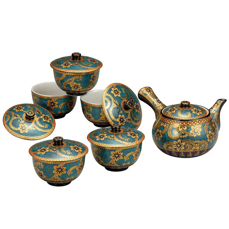 KUTANI WARE TEA SET WITH LID AOCHIBU KIN KARAKUSA