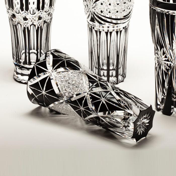 EDO KIRIKO CHRYSANTHEMUM LINKED PATTERN BEER GLASS - BLACK