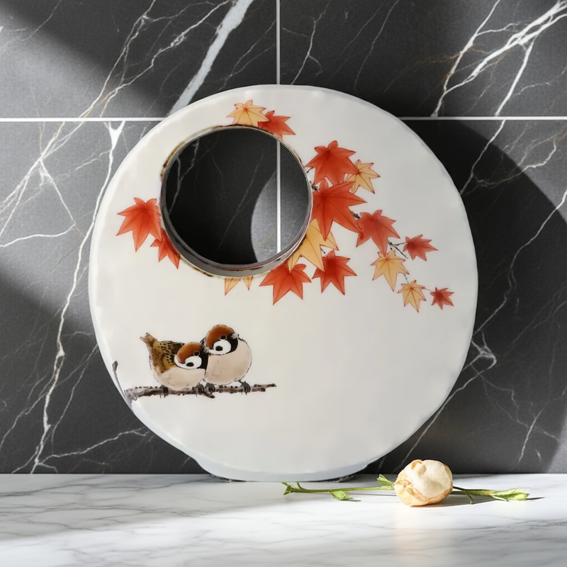 ROUND WINDOW DESIGN WITH THREE SPARROWS AND AUTUMN MAPLE LEAVES JAPANESE KUTANI FLOWER VASE / TOSHITO NAKAMURA