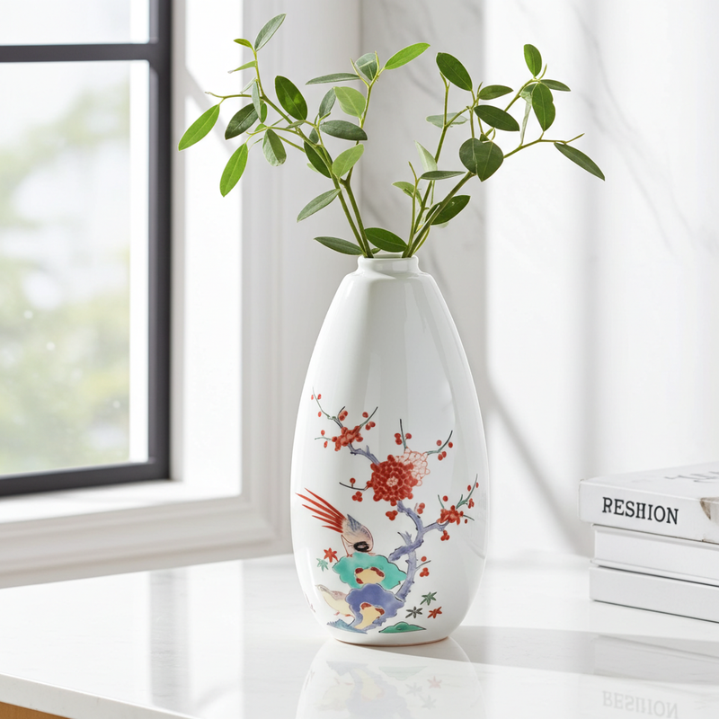 ARITA WARE HANGING BELL-SHAPED SINGLE FLOWER VASE “UME & BIRD” DESIGN – KAKIEMON KILN (MEDIUM)