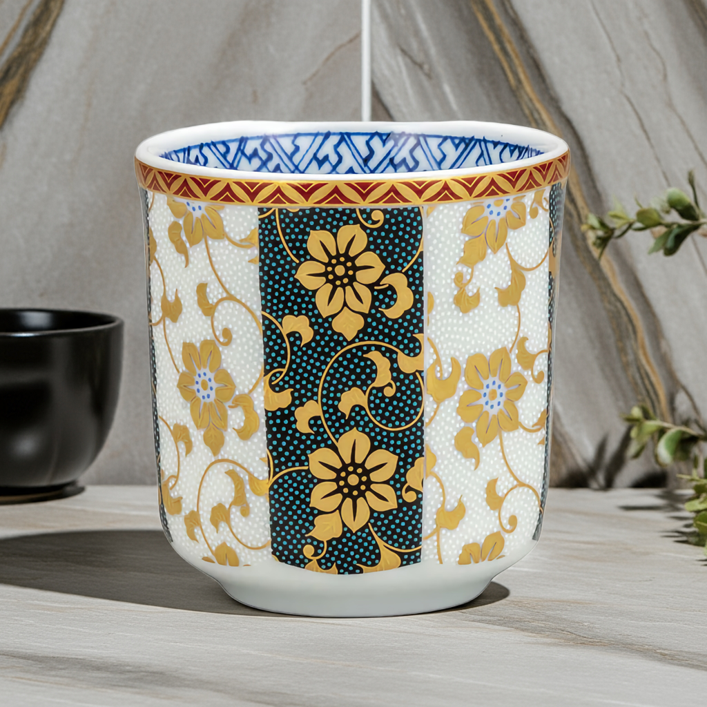 KUTANI JAPANESE YUNOMI CLEMATIS DESIGN WITH BLUE AND WHITE RAISED DOTS