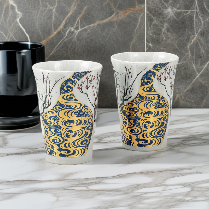 KUTANI WARE PAIR OF FREE CUPS KŌRIN PLUM BLOSSOMS