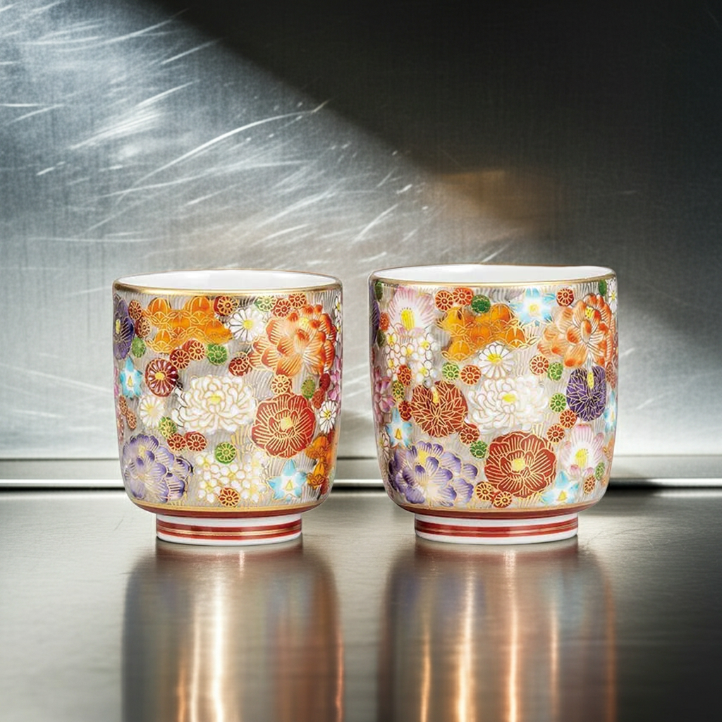 KUTANI WARE PAIR YUNOMI TEA CUPS – GOLD HANA-ZUME DESIGN (GIFT BOXED)